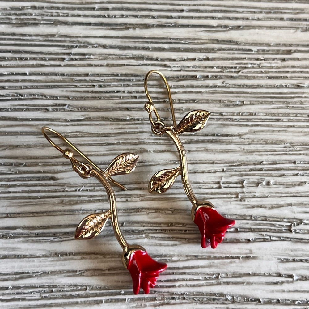 Gold and Red Rose Dangle Earrings - Picture 2 of 5